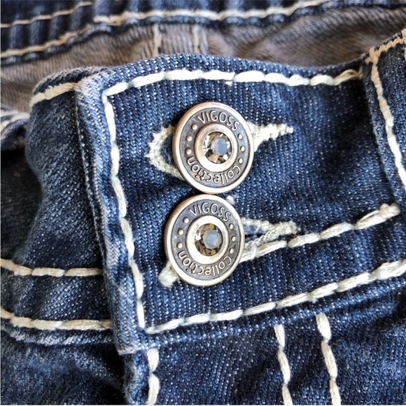 Vigoss Tick Stitch Ring-stone button flap embellished back Pocket Capri Jeans 28 - Picture 7 of 16